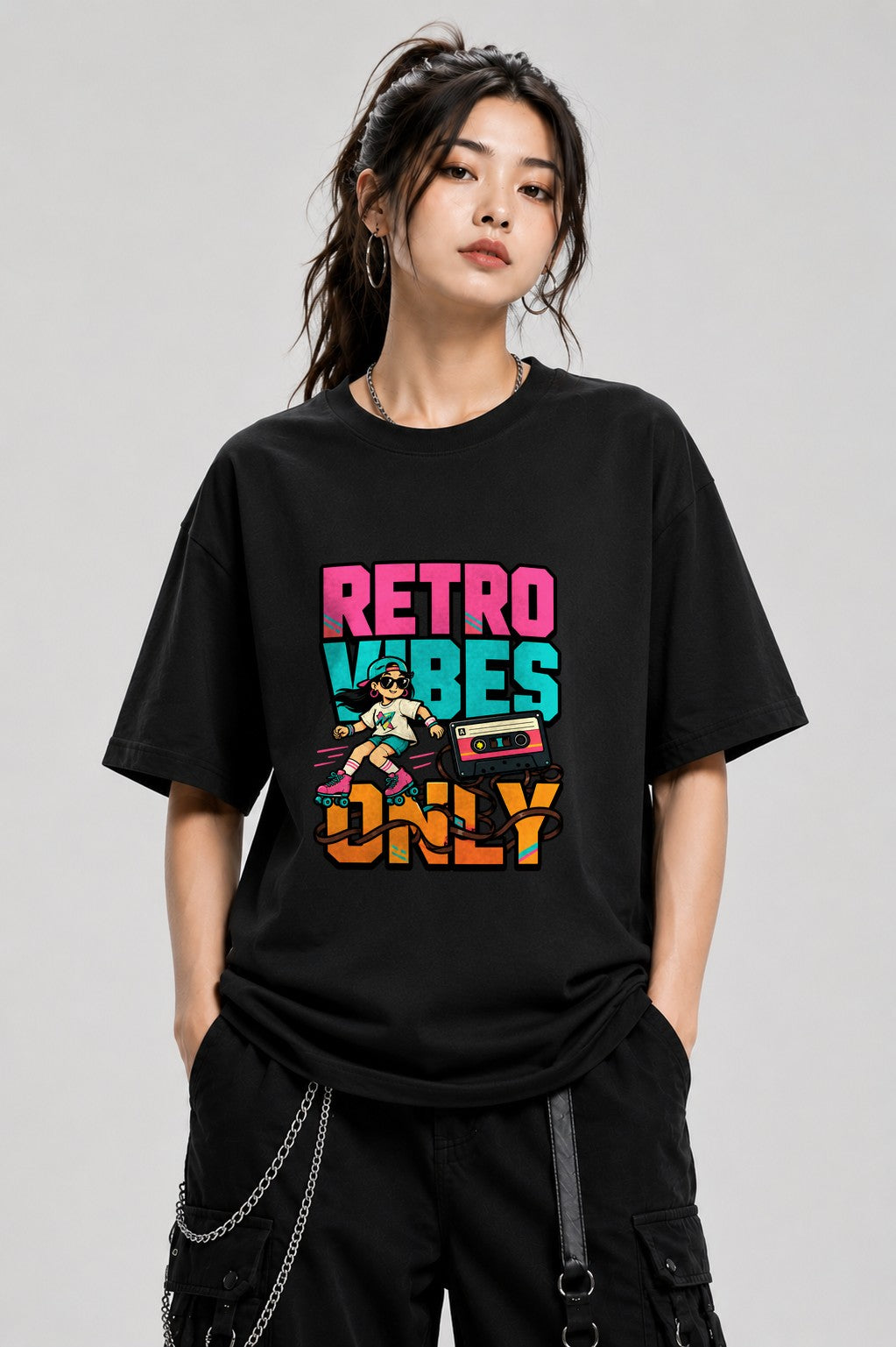 Retro Vibes Only Roller Skate Graphic T-Shirt 80s Aesthetic - Black