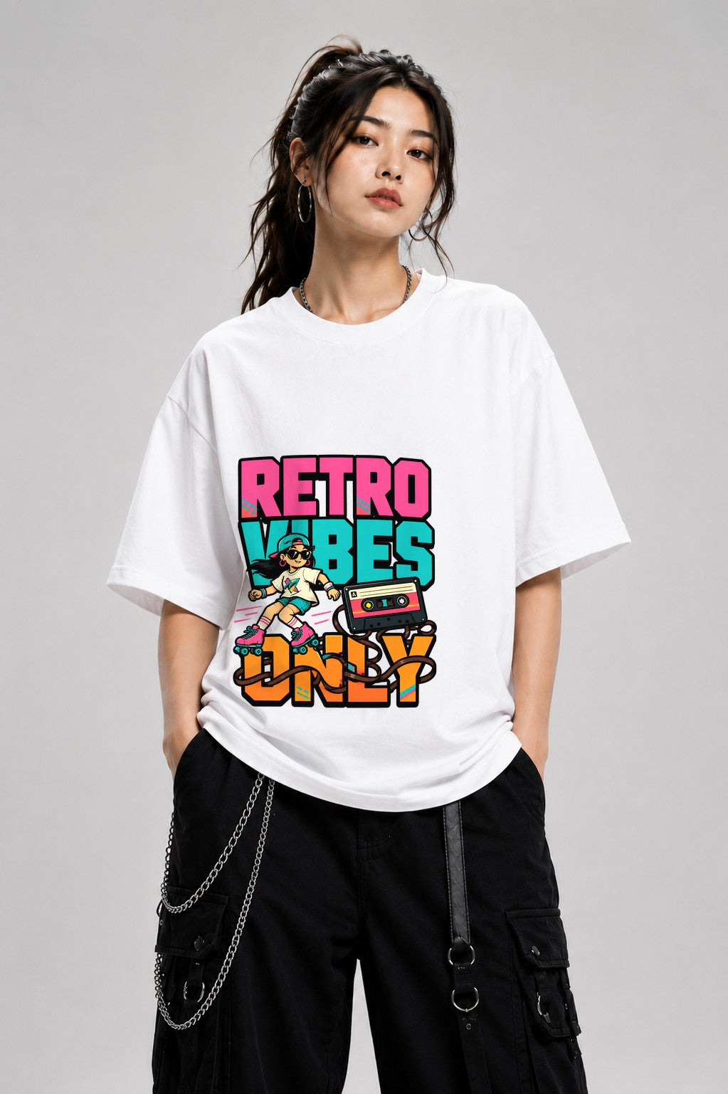 Retro Vibes Only Roller Skate Graphic T-Shirt 80s Aesthetic - White