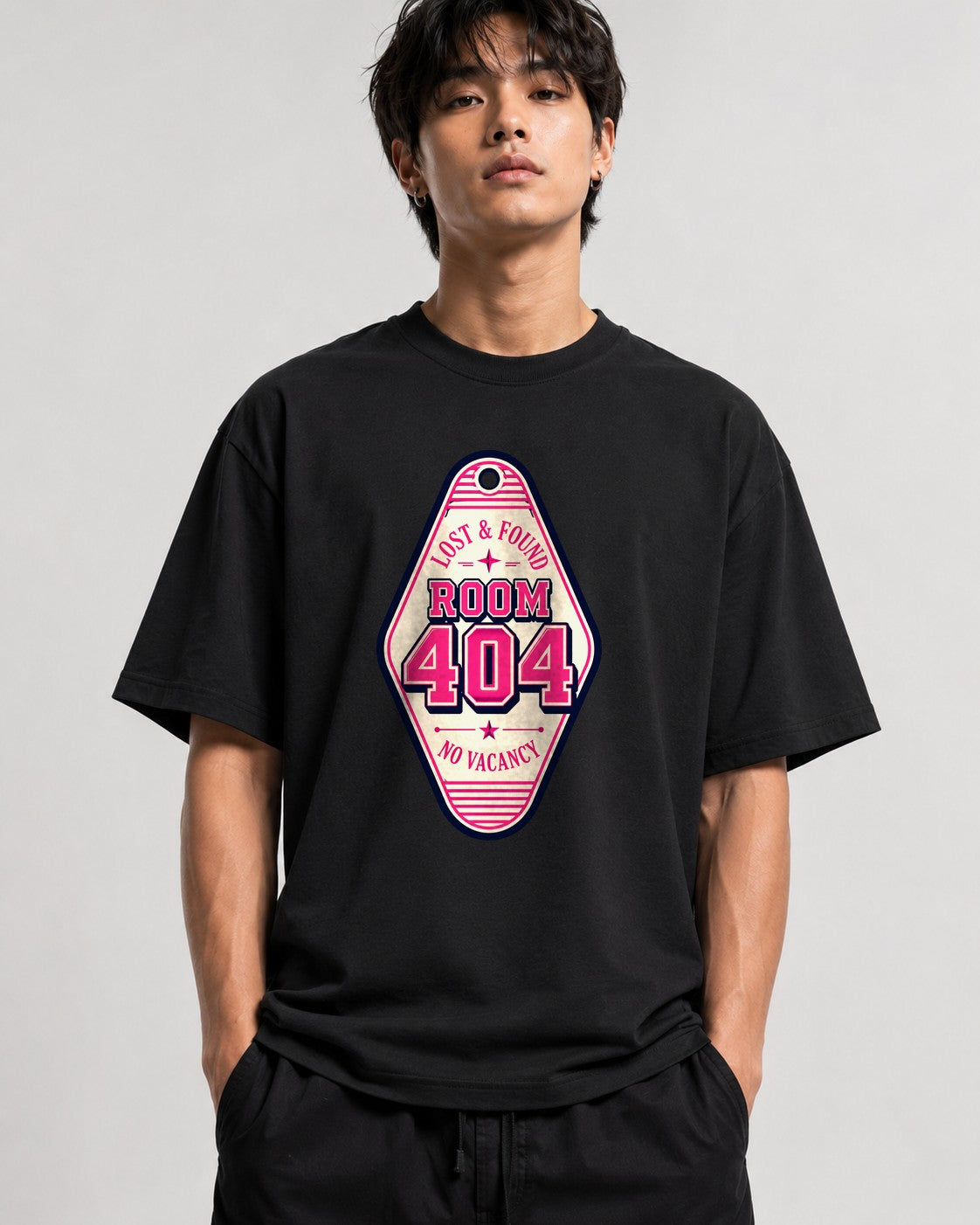 Room 404 Lost & Found Vintage Hotel Key Tag Retro Motel Tee - Black