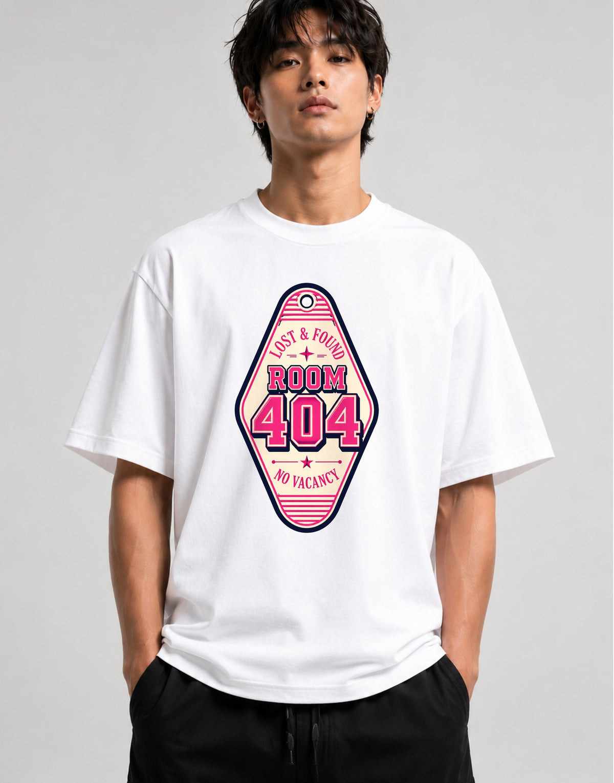 Room 404 Lost & Found Vintage Hotel Key Tag Retro Motel Tee - White