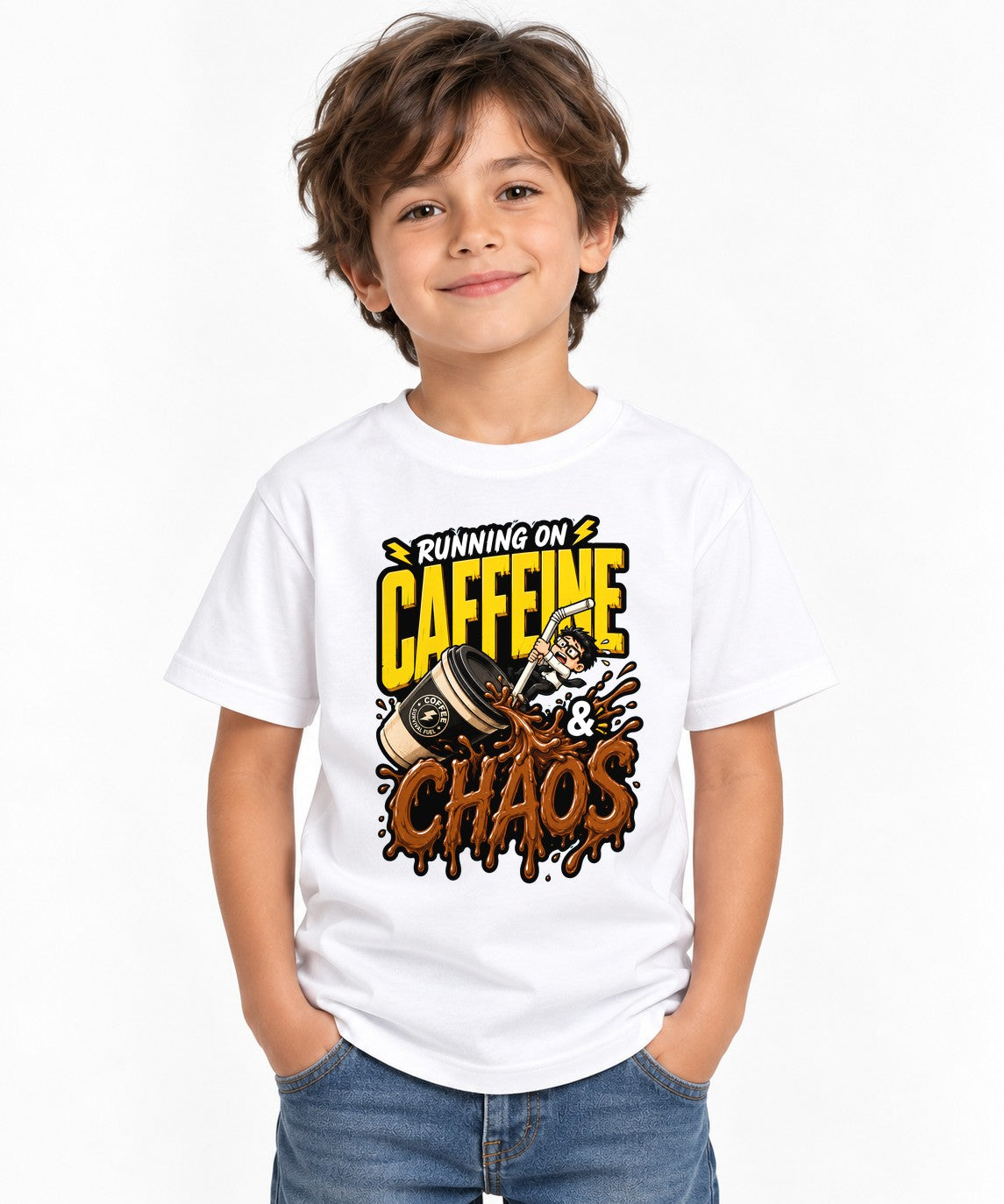 Running On Caffeine And Chaos T-Shirt - Funny Coffee Lover Tee - White