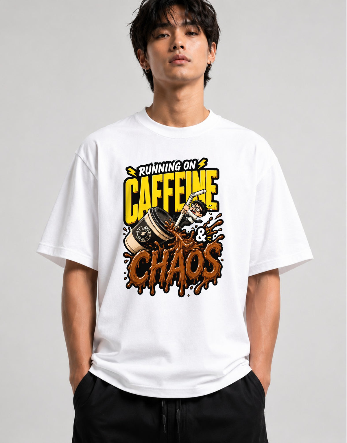 Running On Caffeine And Chaos T-Shirt - Funny Coffee Lover Tee - White