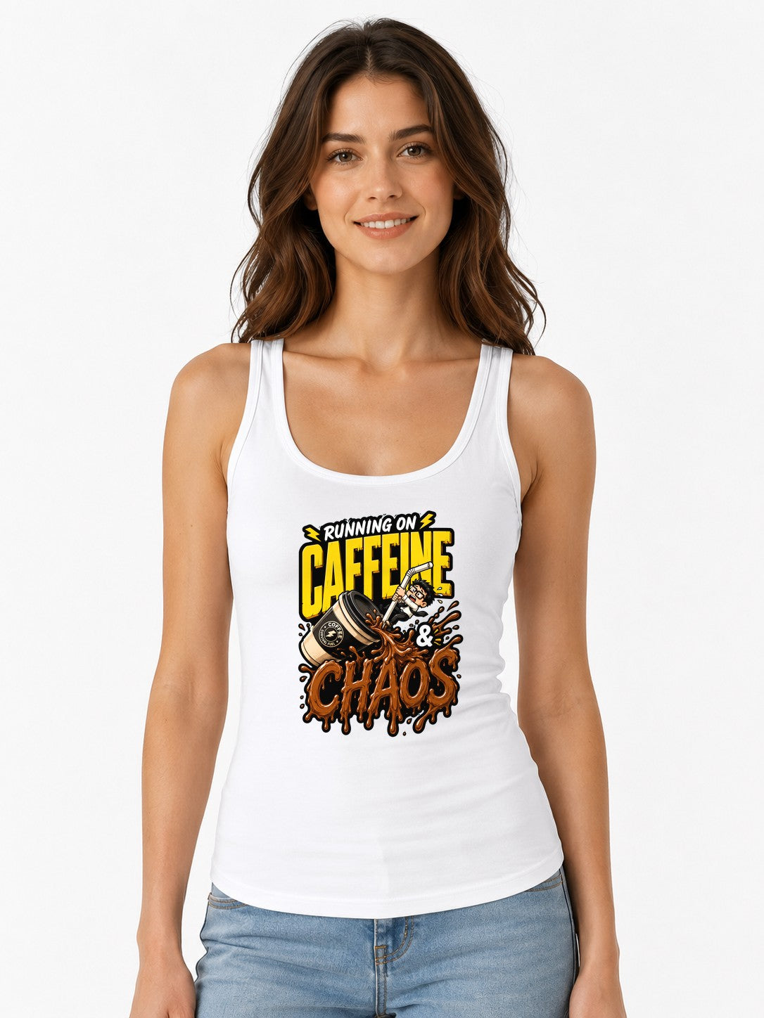 Running On Caffeine And Chaos T-Shirt - Funny Coffee Lover Tee - White