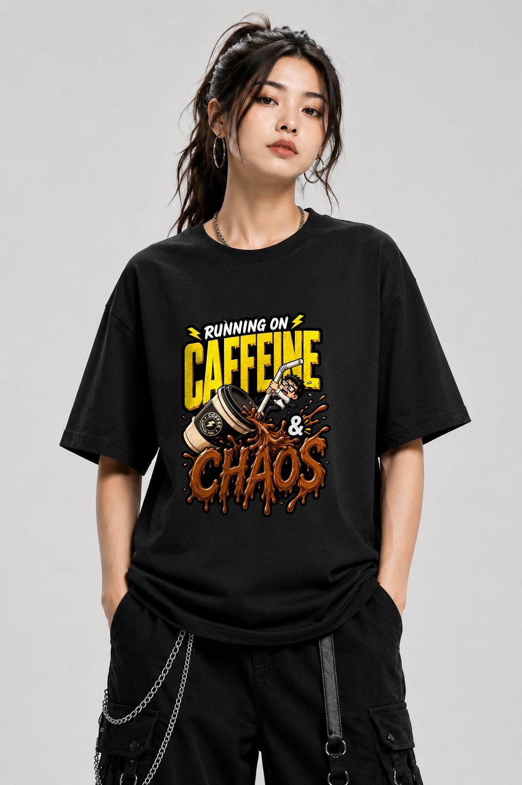 Running On Caffeine And Chaos T-Shirt - Funny Coffee Lover Tee - Black