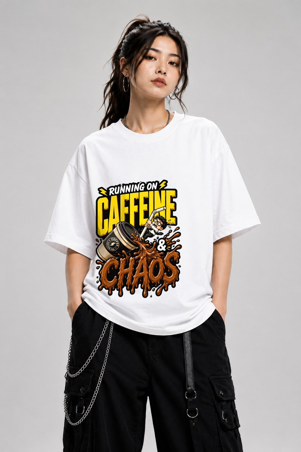 Running On Caffeine And Chaos T-Shirt - Funny Coffee Lover Tee - White