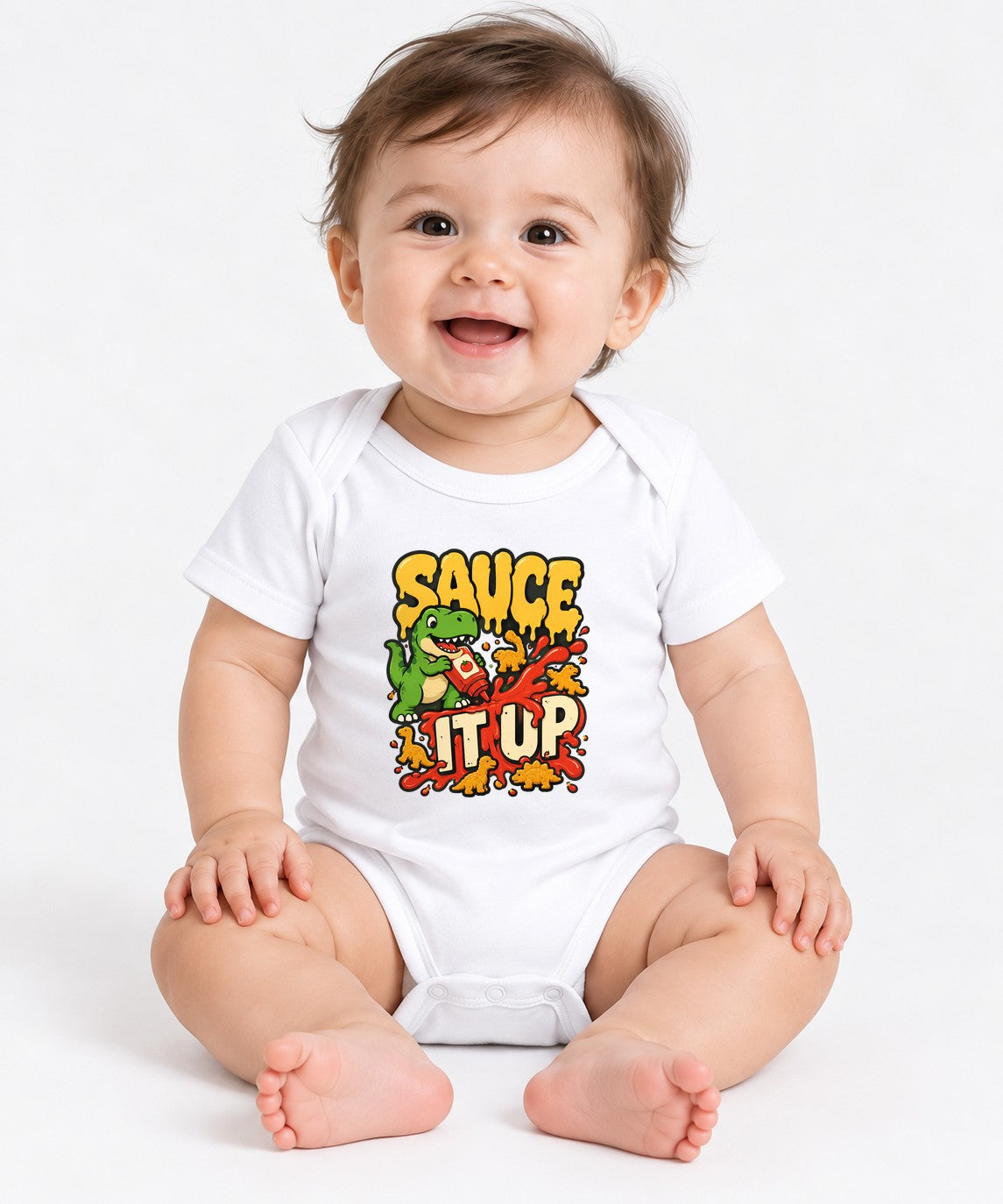 Sauce It Up Dinosaur T-Shirt - Funny Food Lover Graphic Tee - White