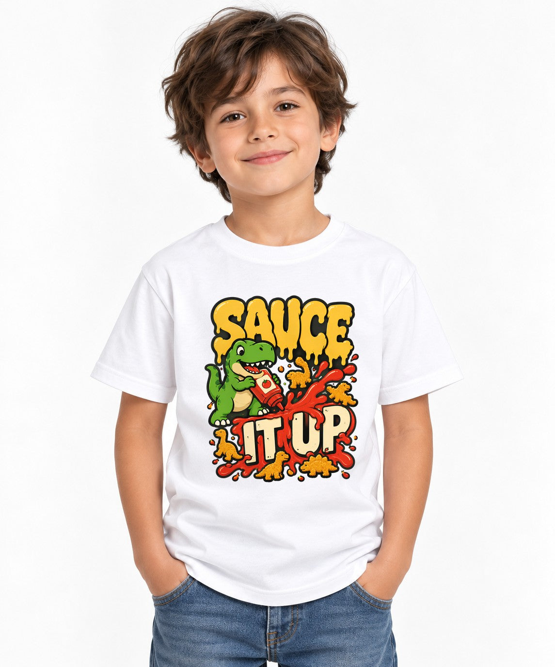 Sauce It Up Dinosaur T-Shirt - Funny Food Lover Graphic Tee - White