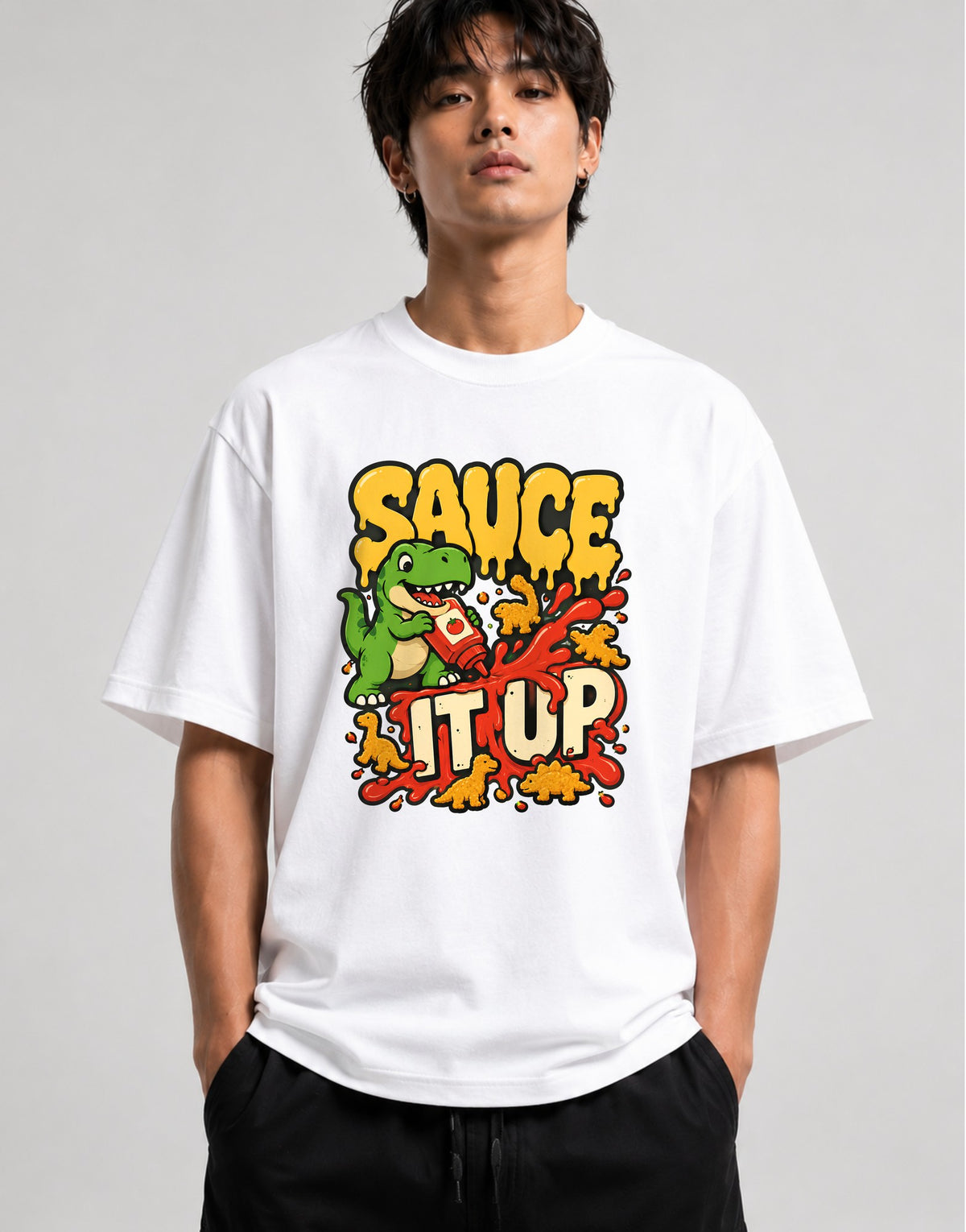 Sauce It Up Dinosaur T-Shirt - Funny Food Lover Graphic Tee - White