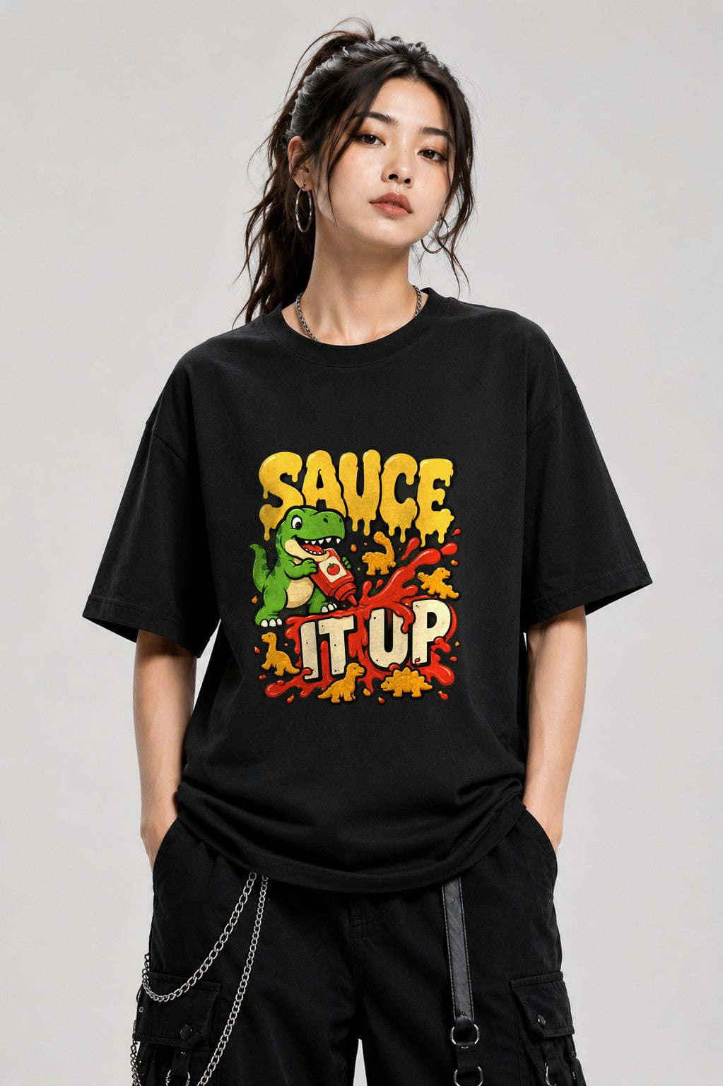 Sauce It Up Dinosaur T-Shirt - Funny Food Lover Graphic Tee - Black