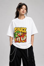Sauce It Up Dinosaur T-Shirt - Funny Food Lover Graphic Tee - White