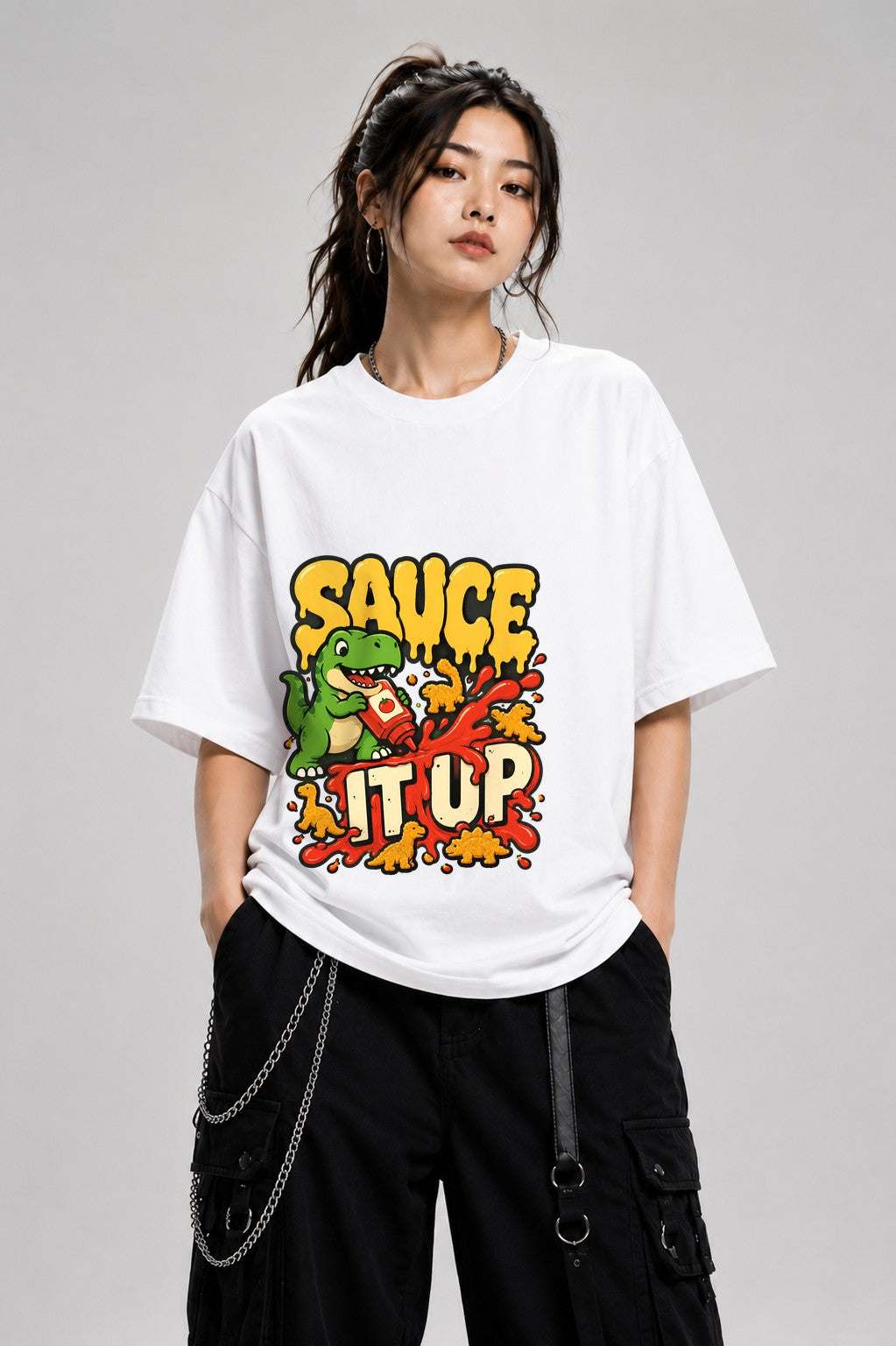 Sauce It Up Dinosaur T-Shirt - Funny Food Lover Graphic Tee - White