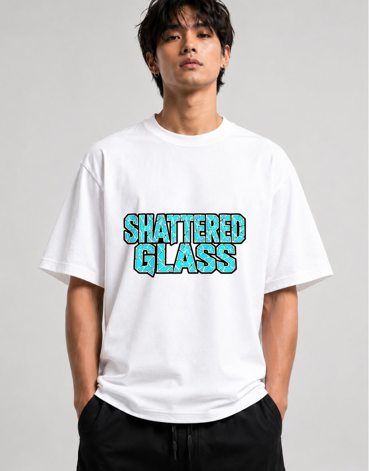 Shattered Glass Typography Graphic Tee - Bold Urban Streetwear - White