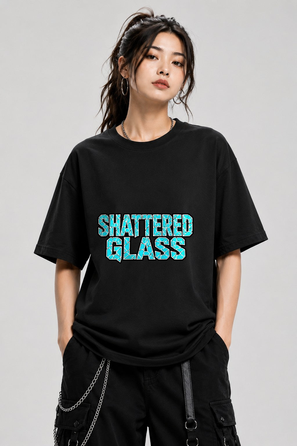 Shattered Glass Typography Graphic Tee - Bold Urban Streetwear - Black
