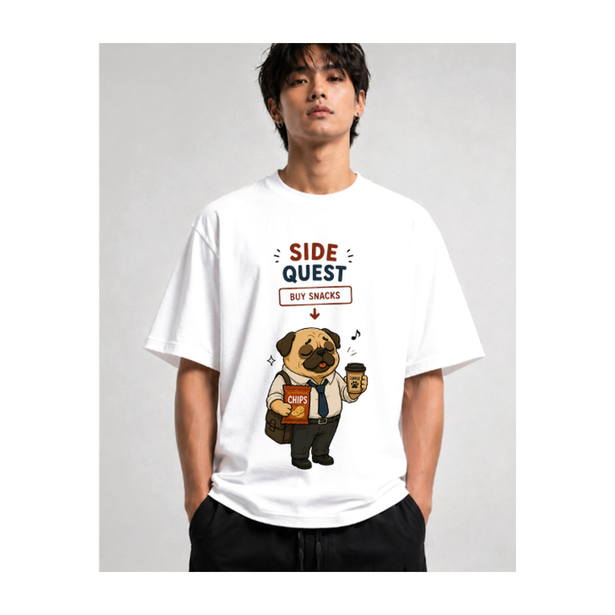 Side Quest Buy Snacks Funny Happy Pug Gamer Office Humor