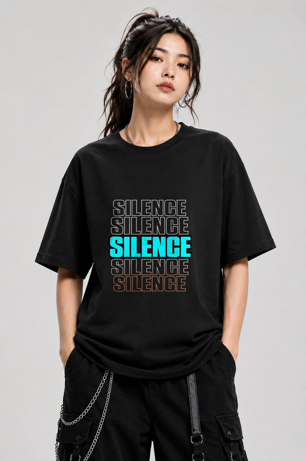 Silence Typography Graphic Tee - Bold Streetwear Statement Design - Black