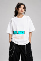 Silence Typography Graphic Tee - Bold Streetwear Statement Design - White