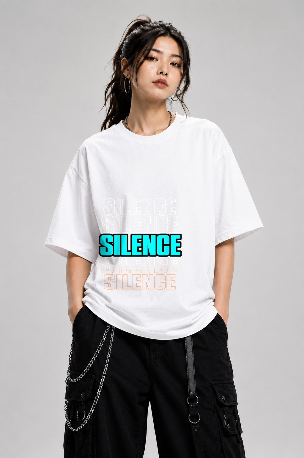 Silence Typography Graphic Tee - Bold Streetwear Statement Design - White