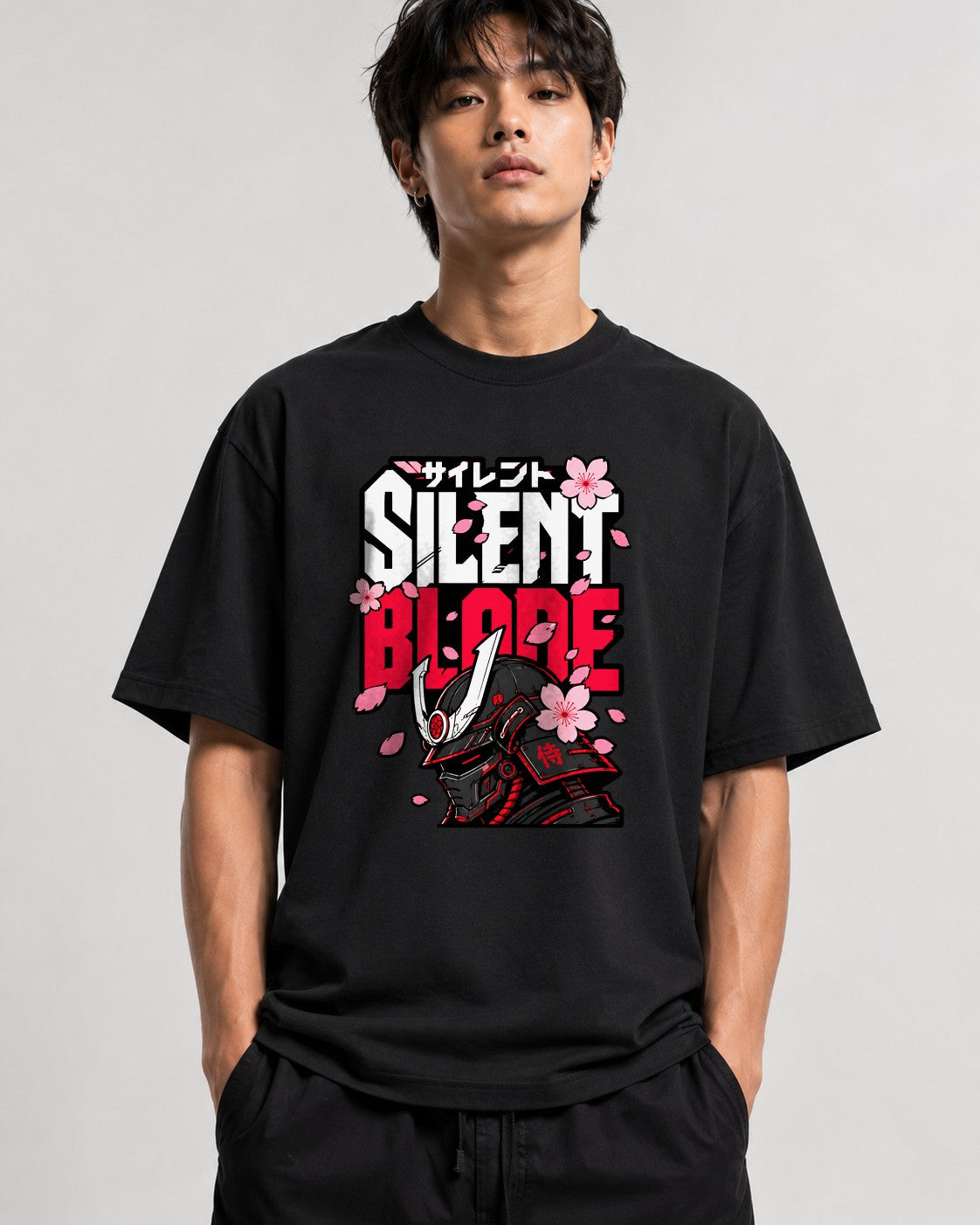 Silent Blade Samurai Helmet Graphic Tee - Japanese Warrior Art - Black