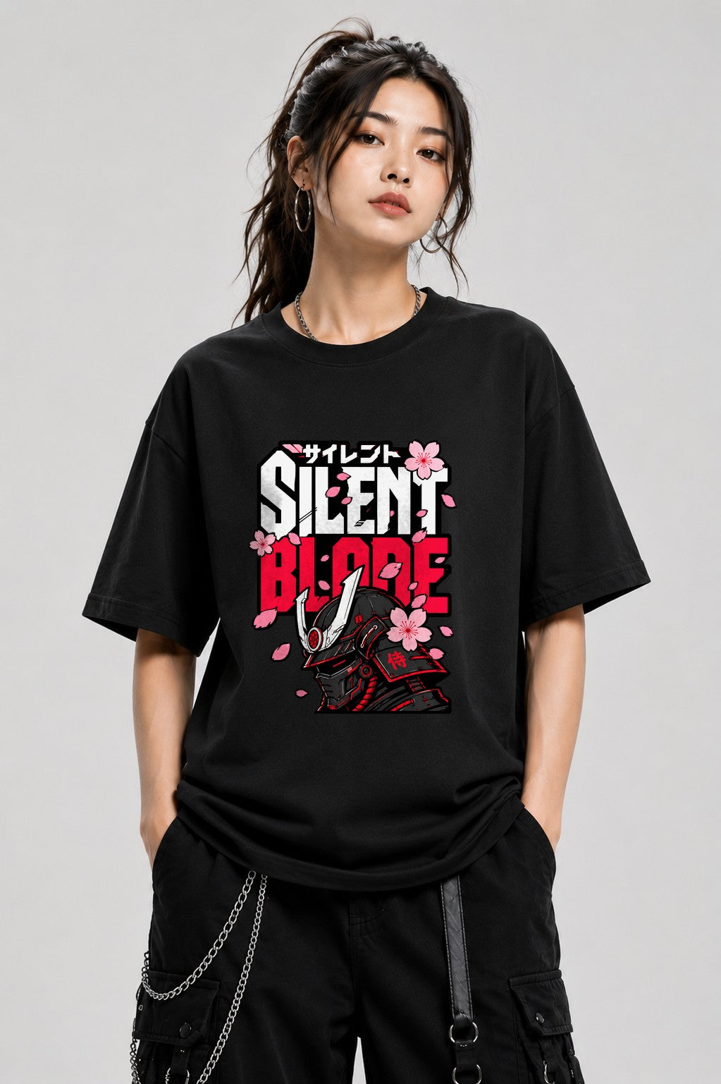 Silent Blade Samurai Helmet Graphic Tee - Japanese Warrior Art - Black