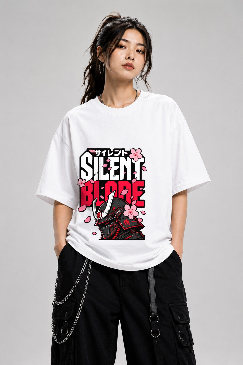 Silent Blade Samurai Helmet Graphic Tee - Japanese Warrior Art - White