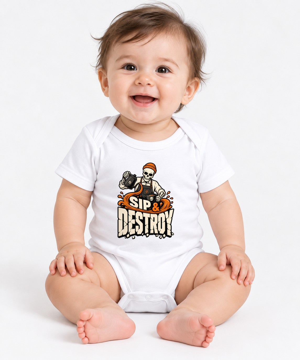 Sip & Destroy Skeleton Barista Graphic Tee - Coffee Lover Shirt - White
