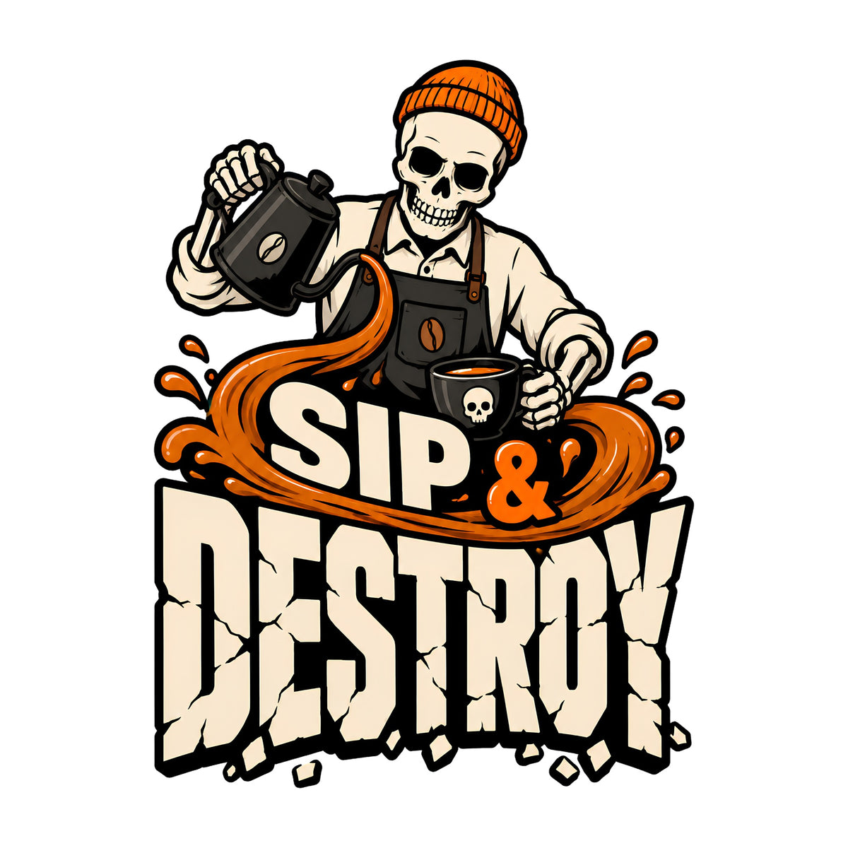 Sip & Destroy Skeleton Barista Graphic Tee - Coffee Lover Shirt