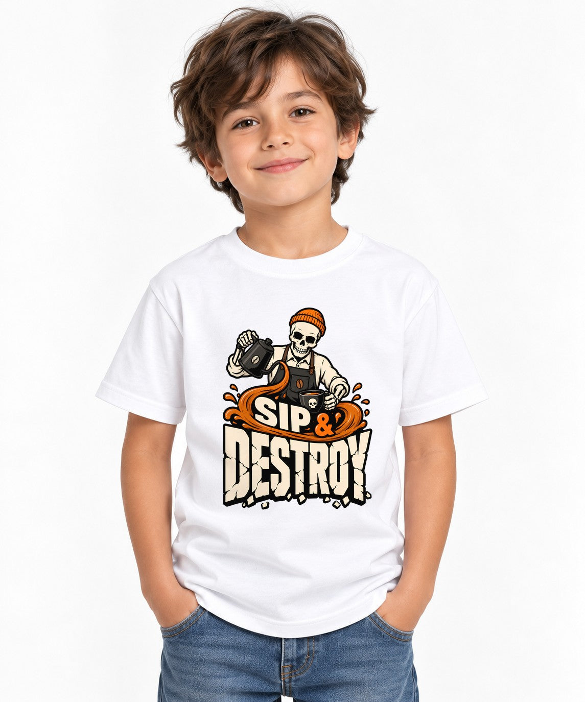 Sip & Destroy Skeleton Barista Graphic Tee - Coffee Lover Shirt - White