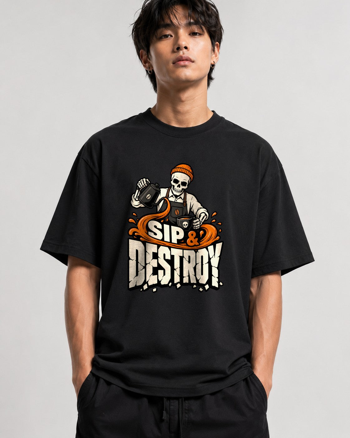 Sip & Destroy Skeleton Barista Graphic Tee - Coffee Lover Shirt - Black