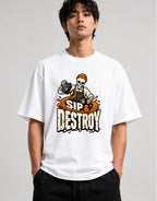 Sip & Destroy Skeleton Barista Graphic Tee - Coffee Lover Shirt - White