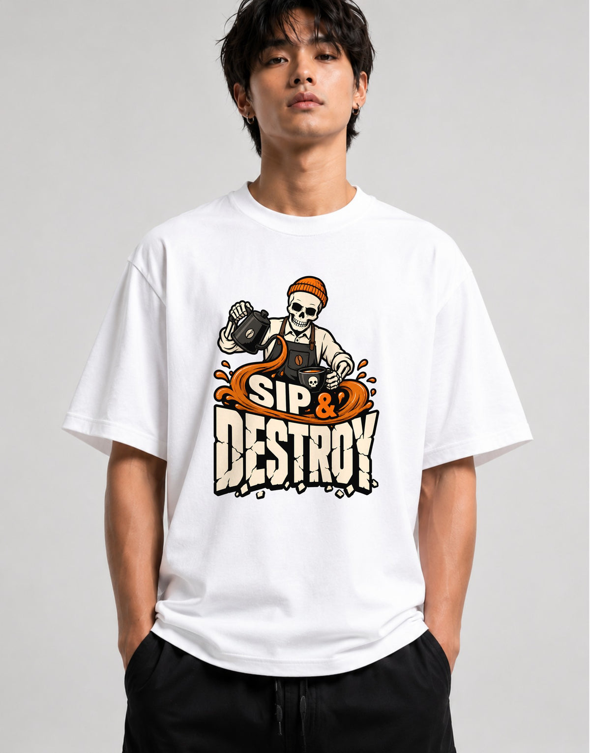 Sip & Destroy Skeleton Barista Graphic Tee - Coffee Lover Shirt - White