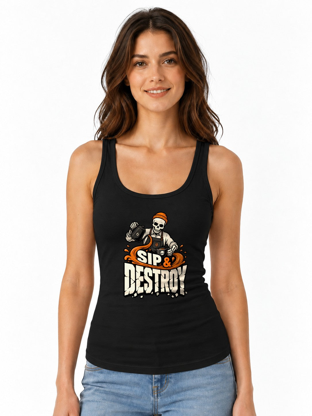 Sip & Destroy Skeleton Barista Graphic Tee - Coffee Lover Shirt - Black