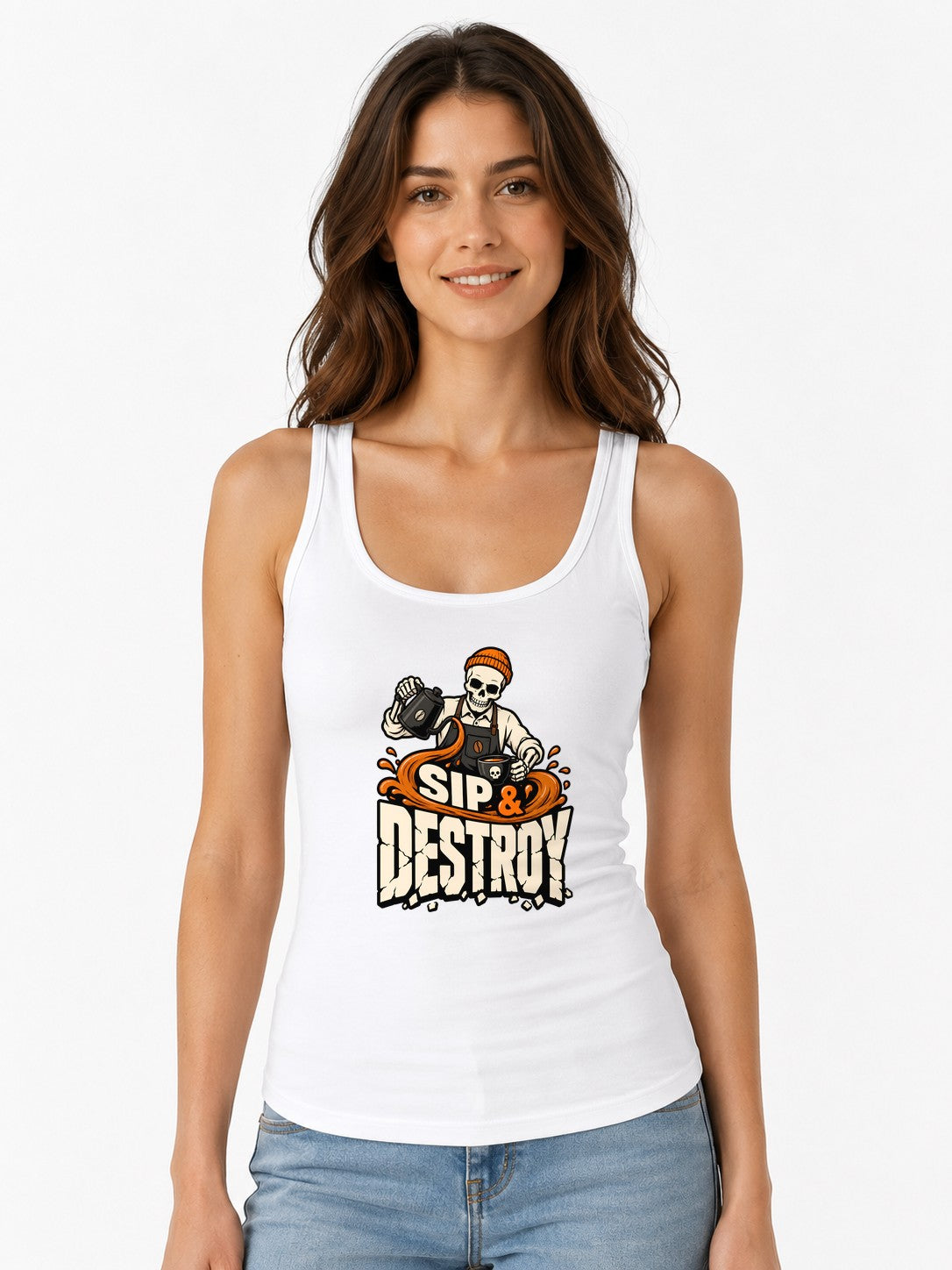Sip & Destroy Skeleton Barista Graphic Tee - Coffee Lover Shirt - White