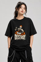 Sip & Destroy Skeleton Barista Graphic Tee - Coffee Lover Shirt - Black