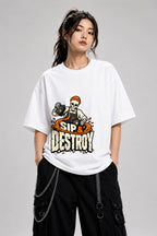 Sip & Destroy Skeleton Barista Graphic Tee - Coffee Lover Shirt - White