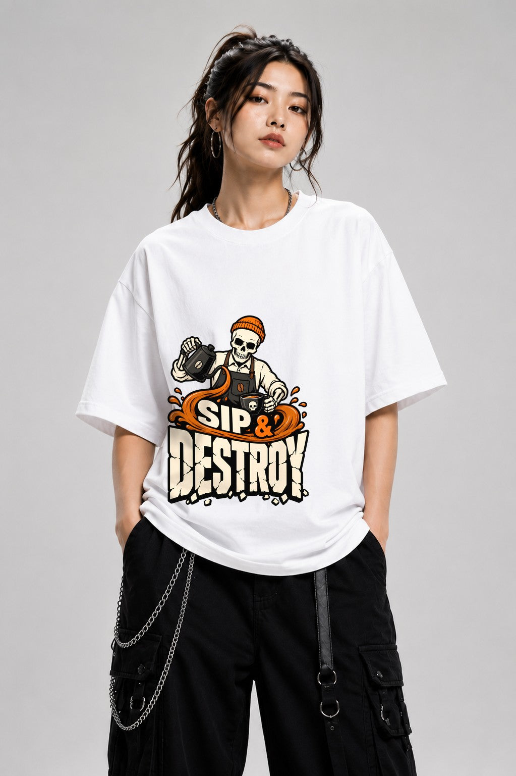 Sip & Destroy Skeleton Barista Graphic Tee - Coffee Lover Shirt - White