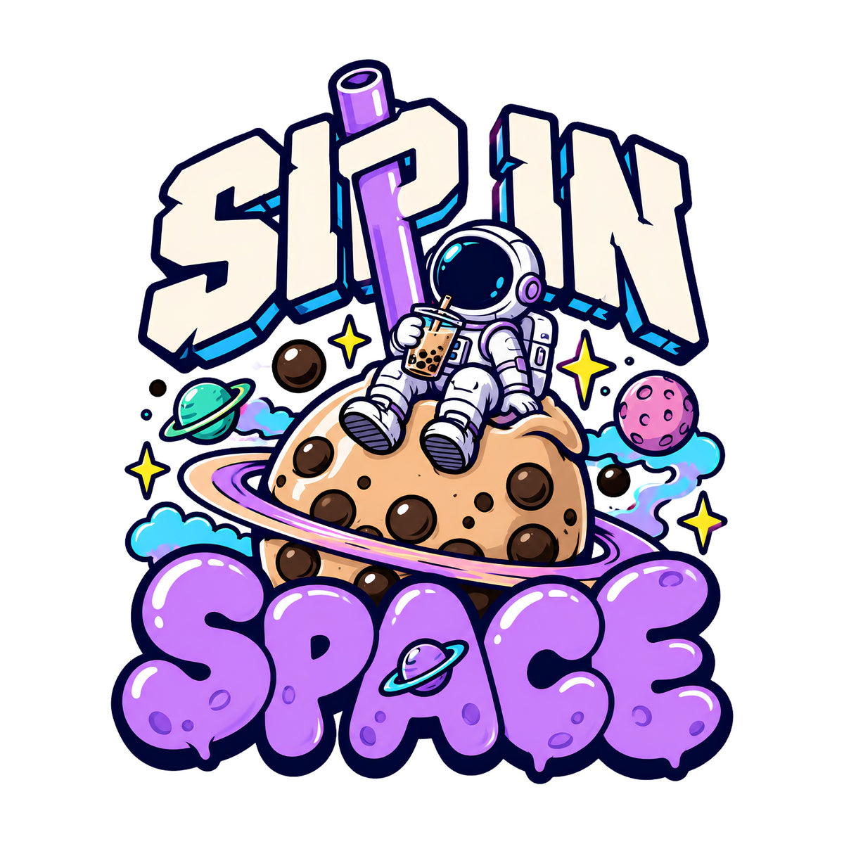 Sip In Space Astronaut Boba Tea Graphic Tee - Kawaii Street Art