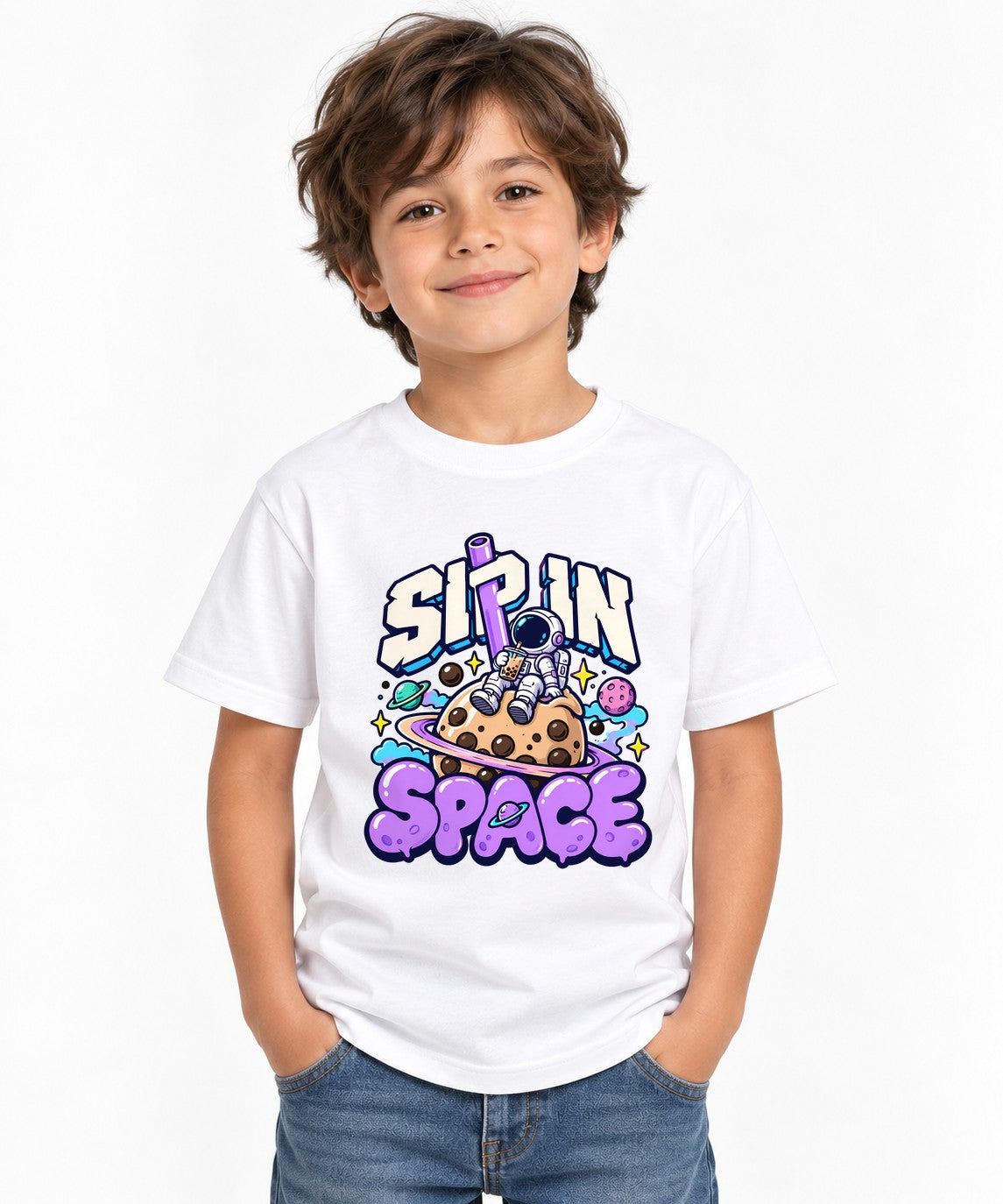 Sip In Space Astronaut Boba Tea Graphic Tee - Kawaii Street Art - White