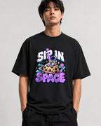 Sip In Space Astronaut Boba Tea Graphic Tee - Kawaii Street Art - Black