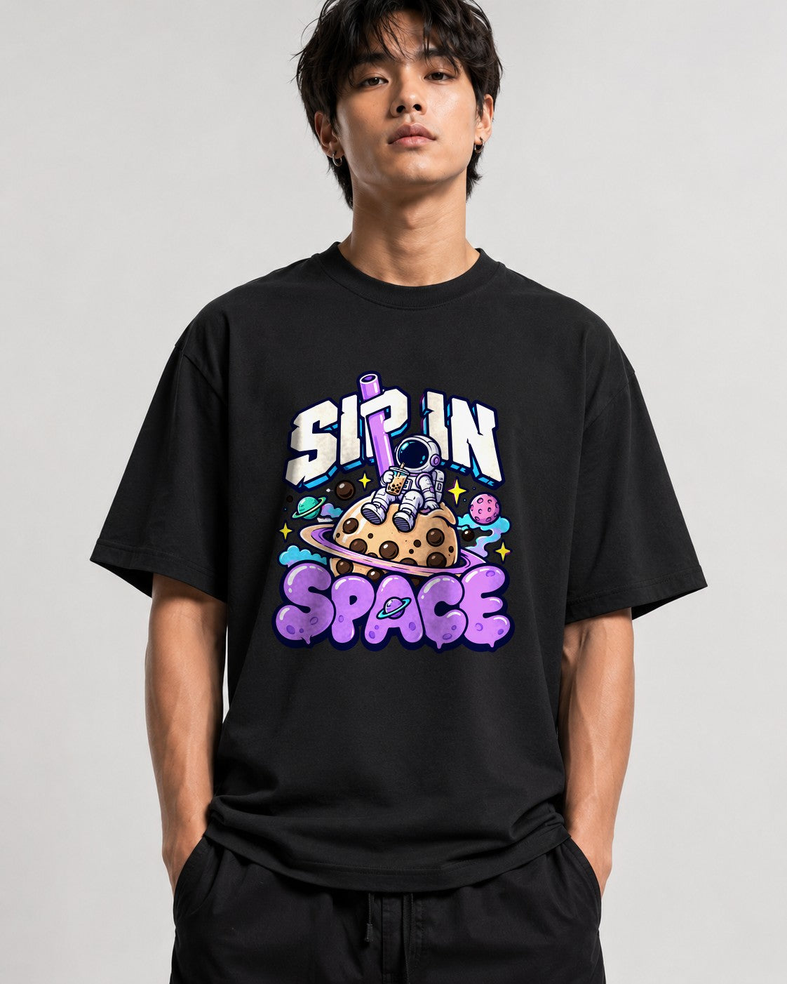 Sip In Space Astronaut Boba Tea Graphic Tee - Kawaii Street Art - Black
