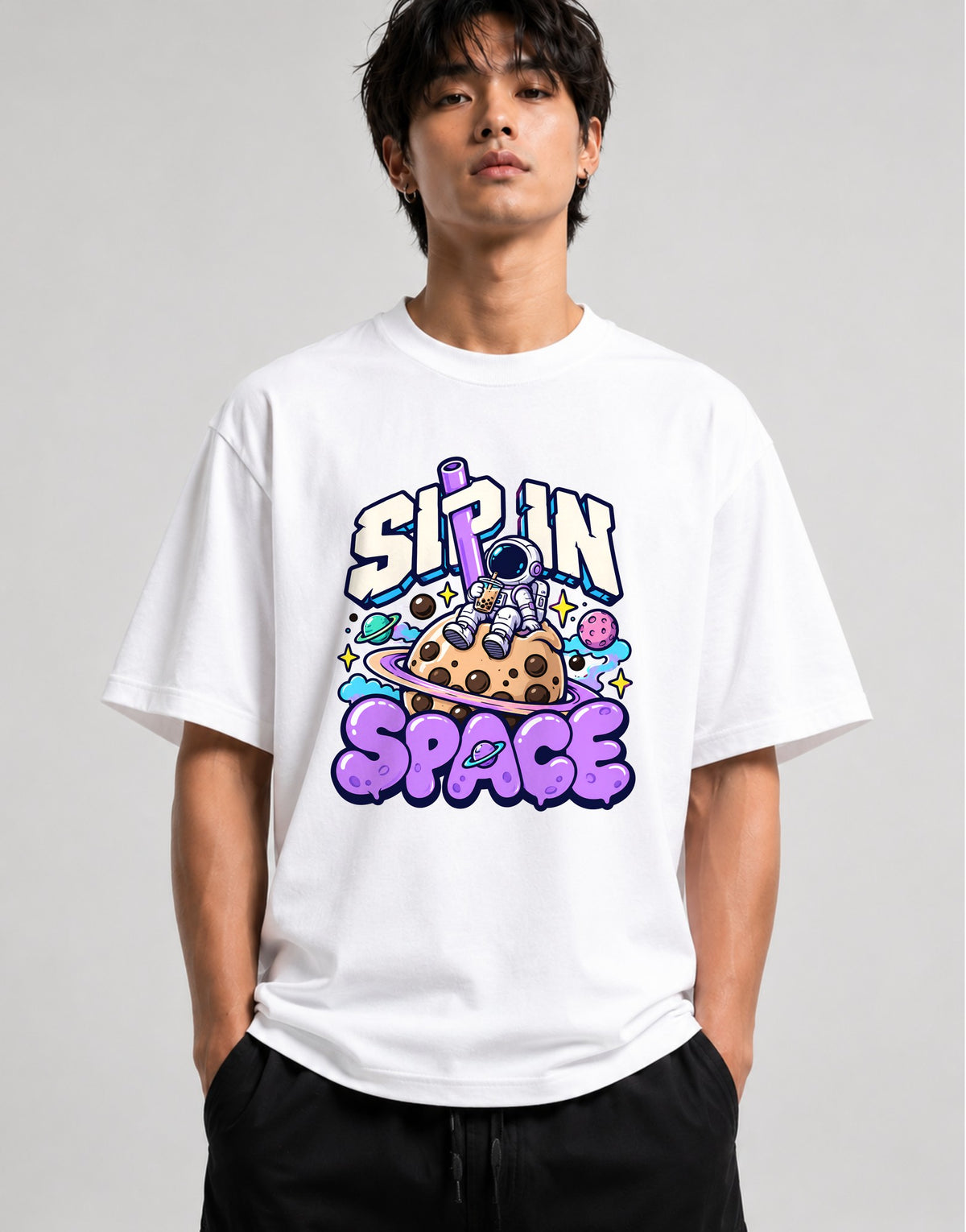 Sip In Space Astronaut Boba Tea Graphic Tee - Kawaii Street Art - White