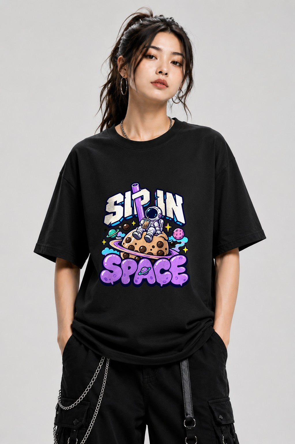 Sip In Space Astronaut Boba Tea Graphic Tee - Kawaii Street Art - Black