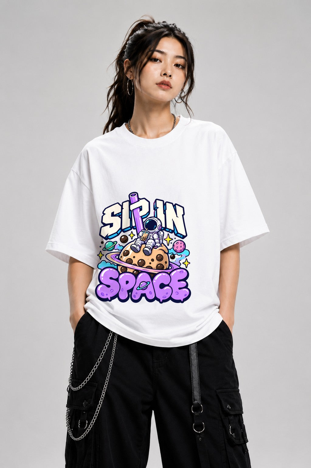 Sip In Space Astronaut Boba Tea Graphic Tee - Kawaii Street Art - White