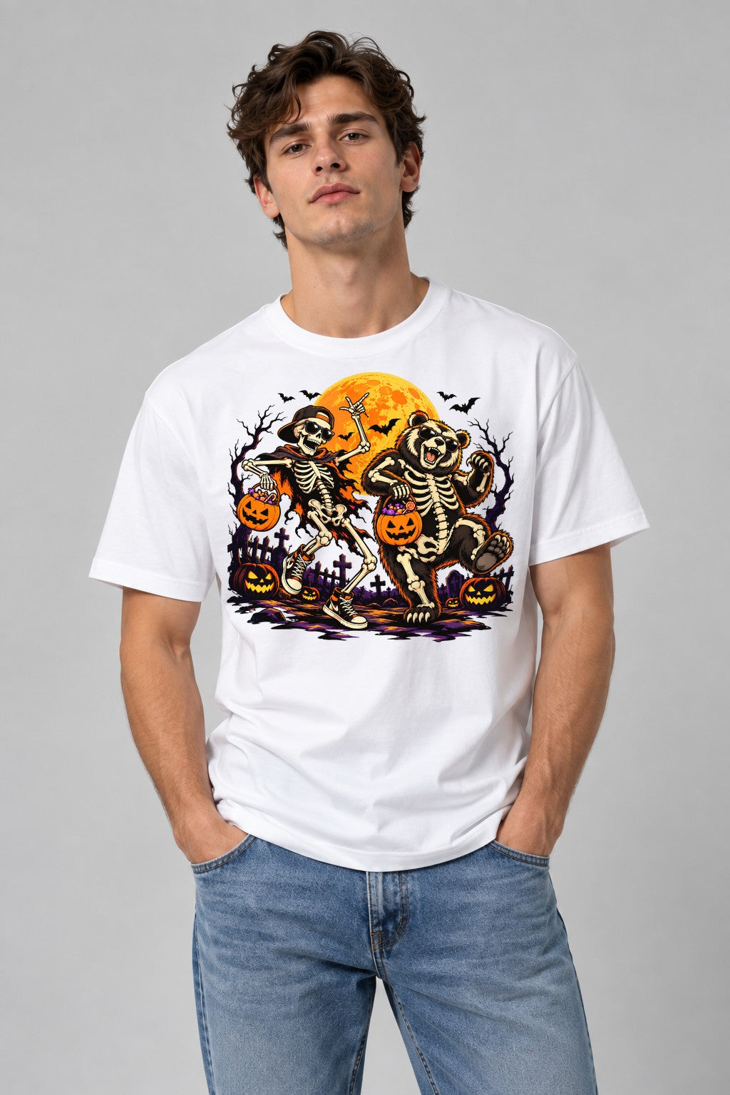 Skeleton Bear Trick Or Treat - White