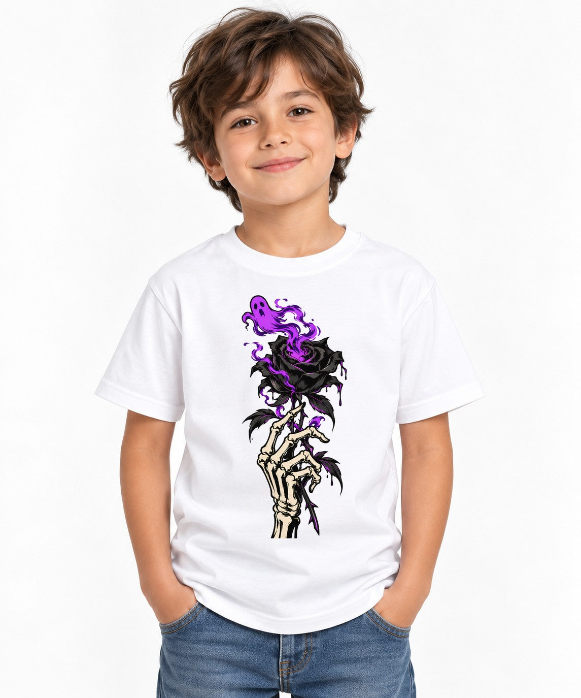 Skeleton Hand Black Rose - White