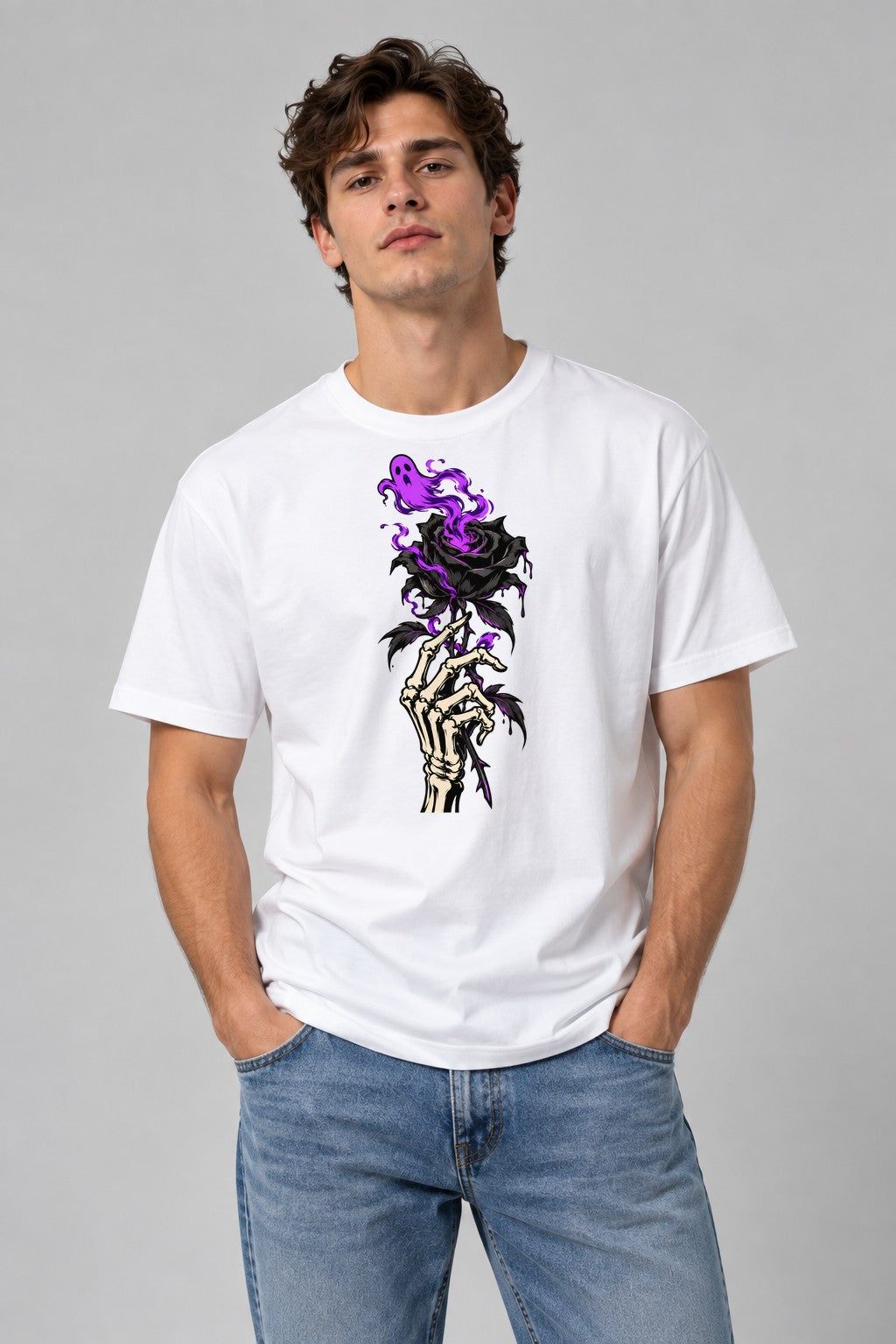 Skeleton Hand Black Rose - White