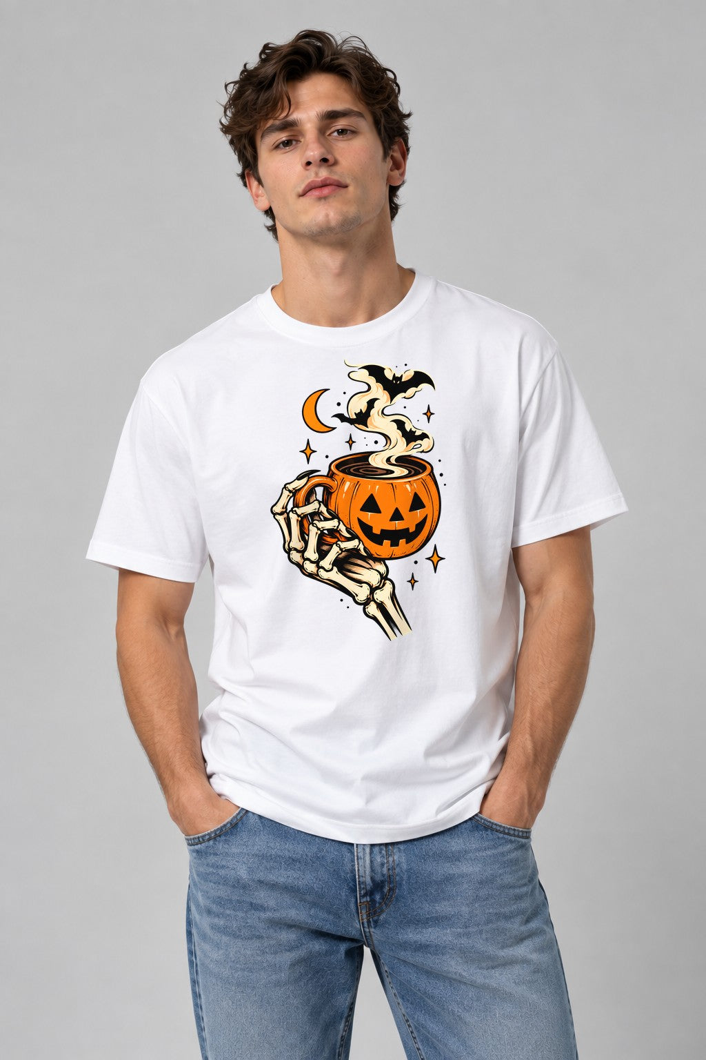 Skeleton Pumpkin Coffee - White