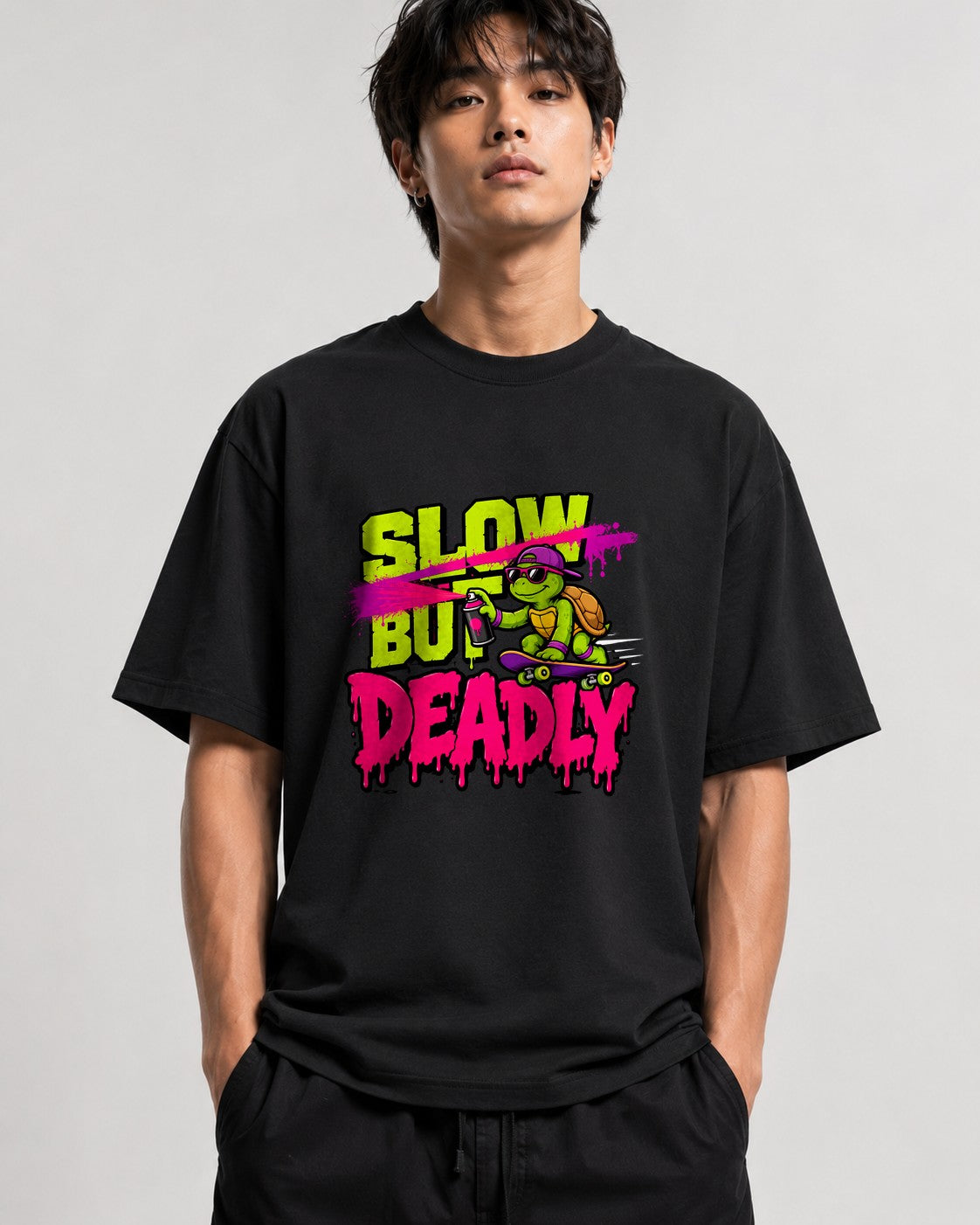Slow But Deadly Turtle Skater Graphic Tee - Graffiti Street Art - Black