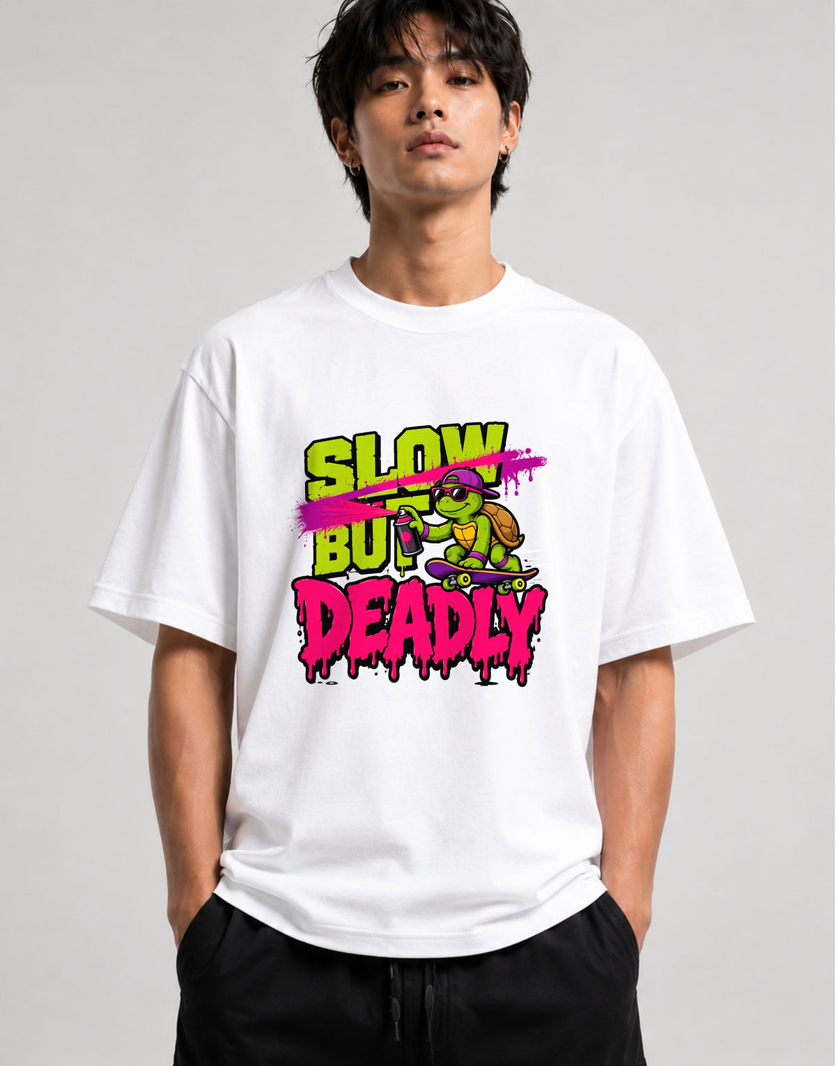 Slow But Deadly Turtle Skater Graphic Tee - Graffiti Street Art - White