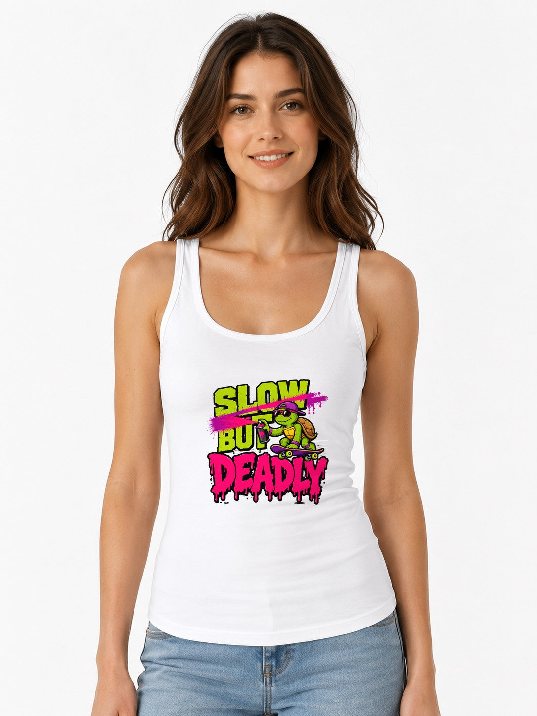 Slow But Deadly Turtle Skater Graphic Tee - Graffiti Street Art - White