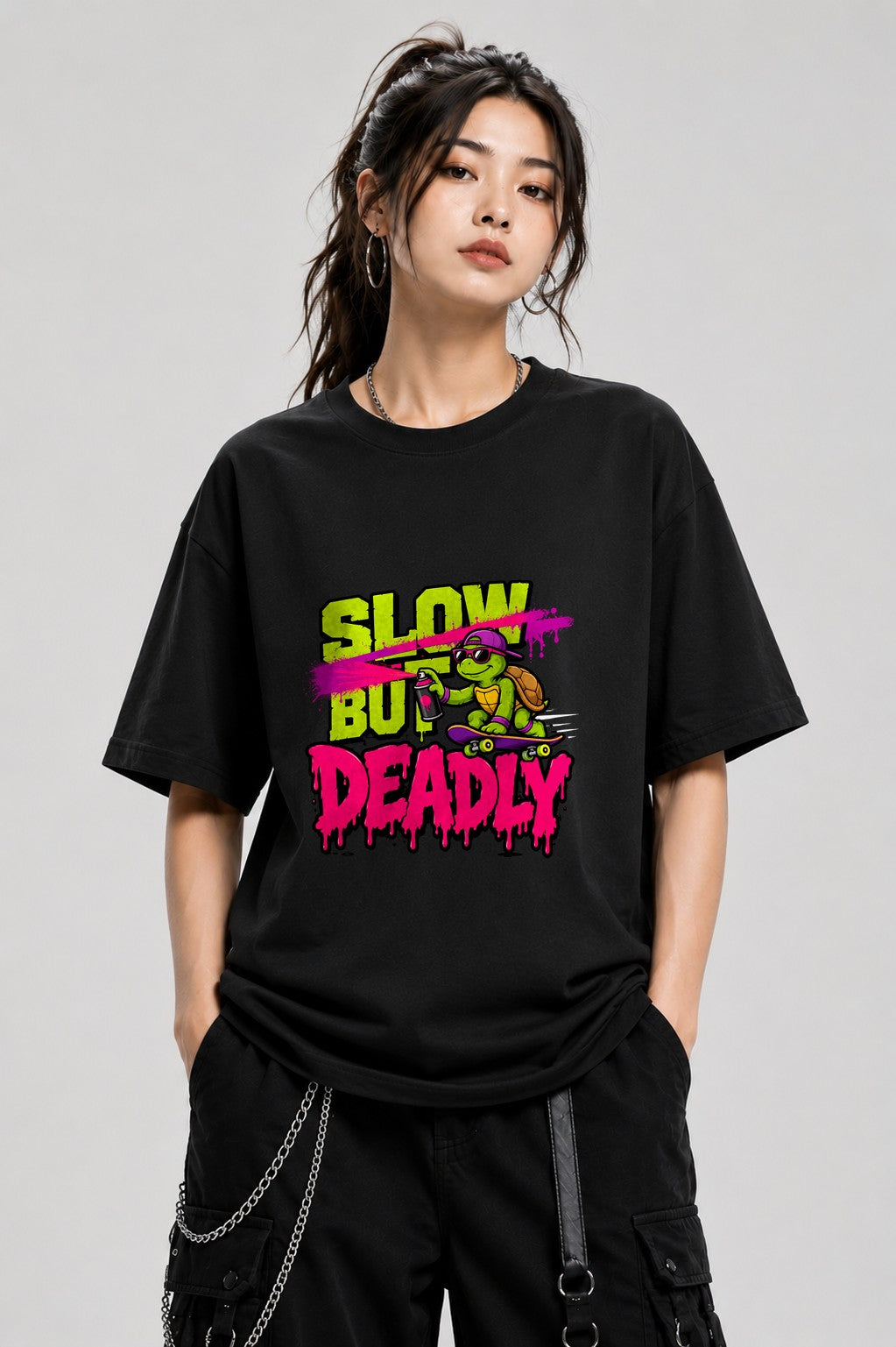 Slow But Deadly Turtle Skater Graphic Tee - Graffiti Street Art - Black